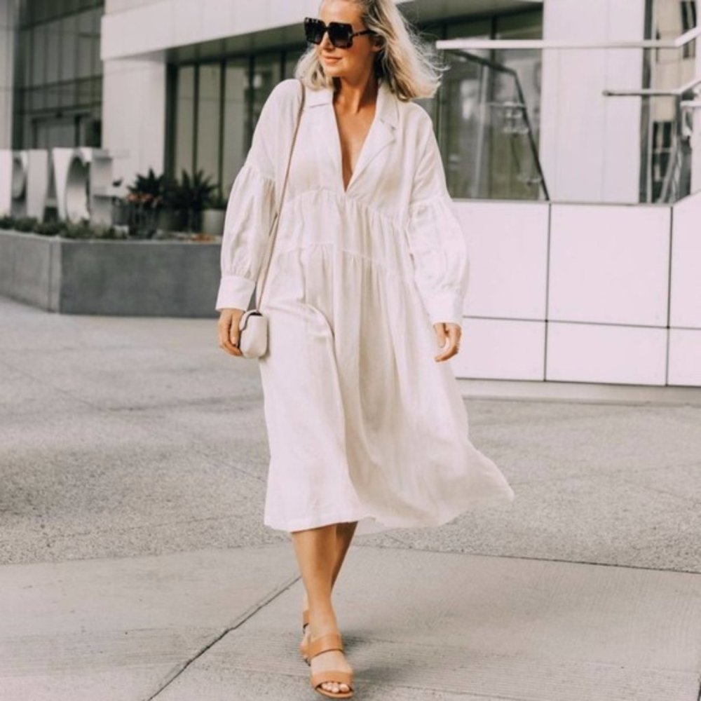 L'Academie Cream Midi Dress with V-Neck and Balloon Sleeves
